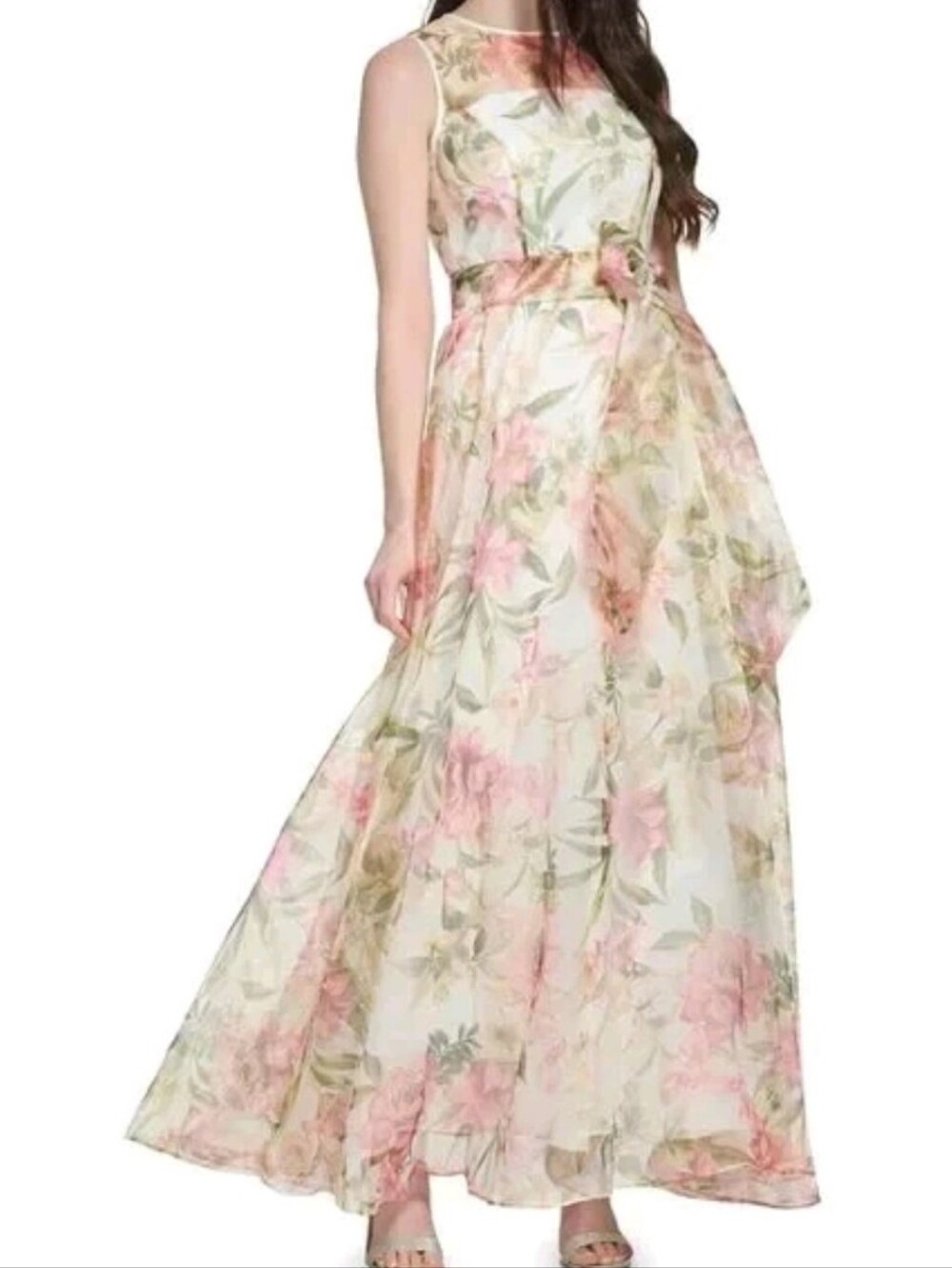 Eliza J Garden Party Floral Organza Maxi Dress 10 Rose White Pink